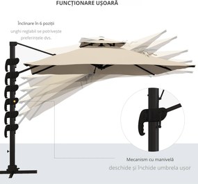 Outsunny Umbrelă de Soare cu Braț Înclinat în 6 Poziții cu Acoperiș pe 2 Niveluri, Umbrelă de Grădină din aluminiu și poliester, 294x294 cm, kaki | Aosom Romania