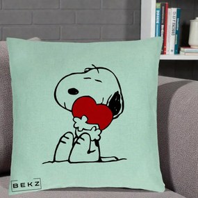 Perna Personalizata Snoopy cu Inima, 40x40 cm, Verde Menta, Husa Detasabila, Perna Inclusa, BEKZ®