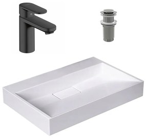 Pachet lavoar pe blat Rea Goya alb 60 cm, baterie lavoar Hansgrohe Vernis Blend 100 negru si ventil lavoar Click-Clack crom