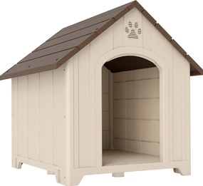 PawHut Căsuță pentru Câini de Exterior, Talie Mare și XL, Adăpost din Plastic Impermeabil cu Bază Ridicată, Ferestre și Acoperiș Înclinat pentru Grădină, Terasă, Curte, 102x94x103 cm, Bej | Aosom Romania