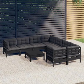 3096981 vidaXL Set mobilier grădină cu perne, 9 piese, negru, lemn de pin
