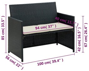 Canapea de gradina cu 2 locuri, cu perne, negru poliratan 1, Negru