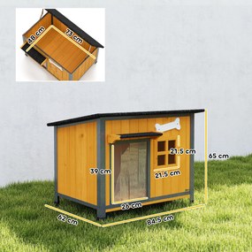 PawHut Cușcă pentru câini de exterior din lemn și oțel rezistent la mușcături, cu acoperiș rabatabil și perdea pentru ușă, galben | Aosom Romania