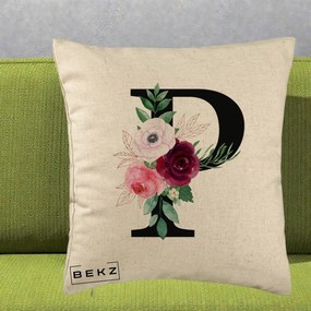 Cadou Personalizat - Perna Personalizata Monograma Florala Litera P, 40x40 cm, Bej, Husa Detasabila, Perna Inclusa, BEKZ®