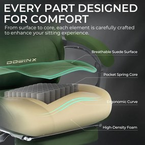 DOWINX – Scaun Gaming, Suport Lombar cu Masaj, Șezut cu Arcuri Metalice și Spumă, Rabatabil 90°-160°, Suport picioare, Rezistent 160 kg, material textil, Verde