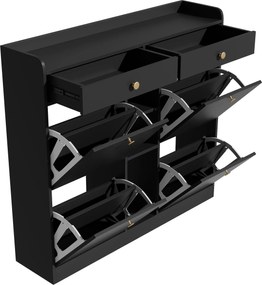 Dulap pentru pantofi cu 4 uși rabatabile, 2 sertare și 3 compartimente deschise, 110x26x100 cm, Negru