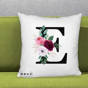 Cadou Personalizat - Perna Personalizata Monograma Florala Litera E, 40x40 cm, Alb Pufos, Husa Detasabila, Perna Inclusa, BEKZ®
