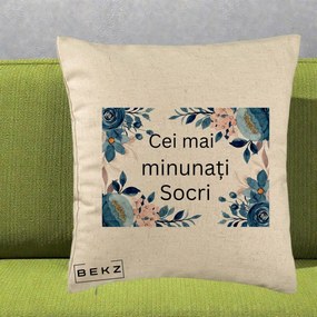 Cadou pentru Socri - Perna Personalizata Cei mai Minunati Socri cu Flori Albastre si Roz, 40x40 cm, Bej, Husa Detasabila, Perna Inclusa, BEKZ®