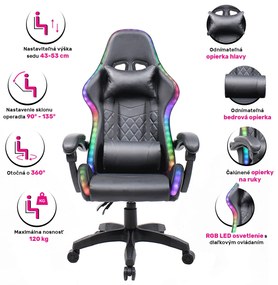 Scaun de birou / joc cu iluminare LED RGB, negru, MAFIRO
