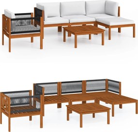 vidaXL Set fotoliu de grădină cu 6 piese, perne, lemn crem, acacia și frânghie