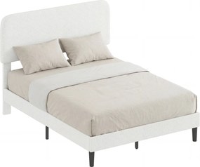 HOMCOM Cadru de pat 140x190cm cu somieră, tăblie reglabilă, pat dublu tapițat în velur Teddy, lamele metalice, alb | Aosom Romania