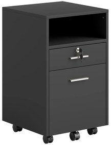 Vinsetto Comodă de Birou cu 2 Sertare și Raft Deschis, Mobilier cu 5 Rotile, Încuietoare și 2 Chei, 39x40x65 cm, Negru | Aosom Romania