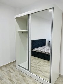 Dormitor Erika / Paris, culoare alb / gri, cu pat tapitat 160 x 200 cm, dulap cu oglinda 150 cm, comoda si 2 noptiere