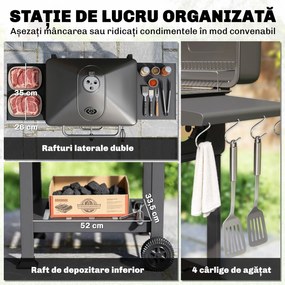 Outsunny Grătar pe Cărbune, Afumător Portabil cu Ventilație, Termometru și Rafturi Laterale, Negru | Aosom Romania