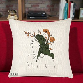 Perna Decorativa Portret Feminin Profil Flori Portocalii, 40x40 cm, Crem Reliefat, Husa Detasabila, Perna Inclusa, BEKZ®