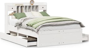 vidaXL Pat cu bibliotecă fără saltea, alb, 140x200 cm, lemn masiv pin