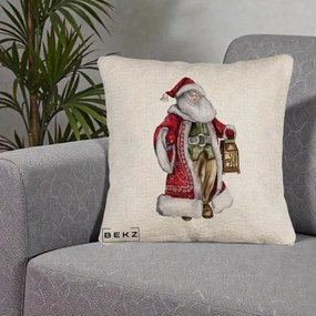 Perna Decorativa Mos Craciun Vintage cu Felinar, 40x40 cm, Bej Canapea, Husa Detasabila, Perna Inclusa, BEKZ®