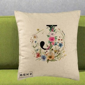 Cadou Personalizat - Perna Personalizata Monogram Litera J cu Flori Acuarela, 40x40 cm, Bej, Husa Detasabila, Perna Inclusa, BEKZ®