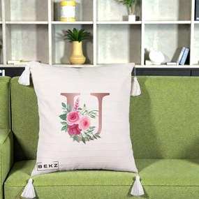 Cadou Personalizat - Perna Personalizata Monograma Rose Gold Litera U, 40x40 cm, Bej cu Franjuri, Husa Detasabila, Perna Inclusa, BEKZ®