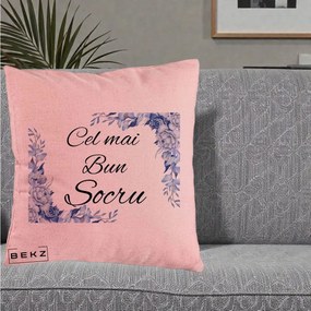 Cadou pentru Socru - Perna Personalizata Cel mai Bun Socru cu Flori Albastre Acuarela, 40x40 cm, Roz, Husa Detasabila, Perna Inclusa, BEKZ®