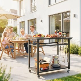 Outsunny Cărucior pentru grătar, 2 rafturi, suport pentru pizza, suport pentru saci și cârlige, Negru. | Aosom Romania