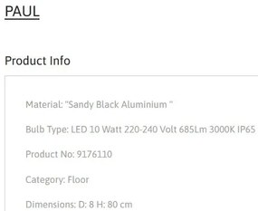 Stalp de exterior cu tarus pentru terasa sau gradina, PAUL H-80cm