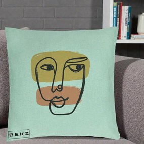 Perna Decorativa Portret Abstract Line Art Portocaliu, 40x40 cm, Verde Menta, Husa Detasabila, Perna Inclusa, BEKZ®