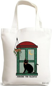 Sacosa de Panza pentru Cumparaturi, Geanta Tote, model Judging you silently, 38 x 34.5 cm, Alba, BEKZ®