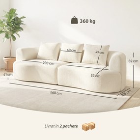 HOMCOM Canapea 3 Locuri Modulară 260cm Fără Structură cu Șezut Generos, Pernă Groasă, 3 Perne, din Catifea, Crem | Aosom Romania