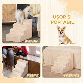 PawHut Scări pentru Câini, Scări cu 4 Trepte pentru Canapea cu Husă din Pluș Lavabilă, 44x60x35 cm, Bej