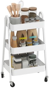 HOMCOM Cărucior de Bucătărie cu 3 Niveluri, Roți Pivotante, Mânere și Frâne, 42,4x29,8x74,5 cm, Alb | Aosom Romania