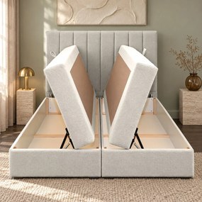 Pat boxspring din catifea Novella cu ladă 140×200 cm, crem