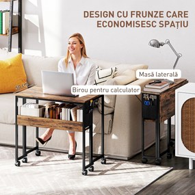 HOMCOM Birou Pliabil de 80 cm cu Raft de Depozitare și Blat Pliabil pe Roți - Maro Rustic | Aosom Romania