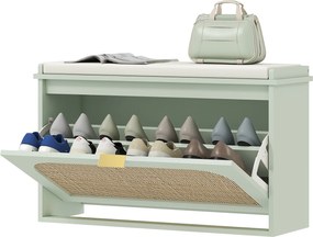 HOMCOM Banc pentru pantofi, banc de depozitare, șezut căptușit, sertar rabatabil, ușă din ratan, 80 x 26 x 47,5 cm, verde | Aosom Romania