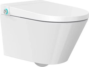Set vas WC suspendat Inter Ceramic Smart Rimless cu functie bideu electric alb lucios si capac softclose