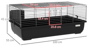 PawHut Cușcă pentru Iepuri cu 2 Deschideri și Tavă Detașabilă, Cușcă pentru Rozatoare din Metal și Plastic, 100x55x41 cm, Negru | Aosom Romania