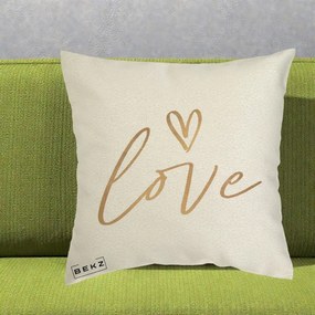 Perna Decorativa Love Caligrafie Aurie, 40x40 cm, Ecru, Husa Detasabila, Perna Inclusa, BEKZ®
