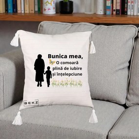 Cadou pentru Bunica - Perna Personalizata Bunica Mea Comoara cu Fluture si Baietel, 40x40 cm, Bej cu Franjuri, Husa Detasabila, Perna Inclusa, BEKZ®