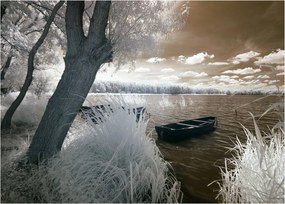 Tablou pe sticlă cu barca pe lac (70x50 cm)