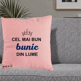 Cadou pentru Bunic - Perna Personalizata Cel Mai Bun Bunic Din Lume Coroana Albastra, 40x40 cm, Roz, Husa Detasabila, Perna Inclusa, BEKZ®