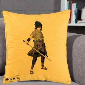 Perna Personalizata Naruto Sasuke Uchiha cu Sabia, 40x40 cm, Galben, Husa Detasabila, Perna Inclusa, BEKZ®