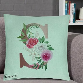 Cadou Personalizat - Perna Personalizata Monograma Rose Gold Litera S, 40x40 cm, Verde Menta, Husa Detasabila, Perna Inclusa, BEKZ®
