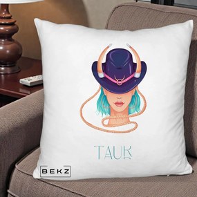 Perna Personalizata Zodie Taur, 40x40 cm, Alb Pufos, Husa Detasabila, Perna Inclusa, BEKZ®