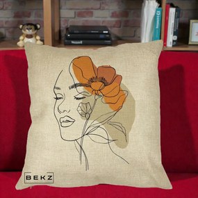 Perna Decorativa Portret Feminin Mac Mare Portocaliu, 40x40 cm, Crem, Husa Detasabila, Perna Inclusa, BEKZ®
