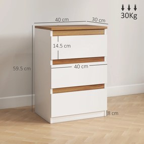 HOMCOM Set de 2 Mesite de Noapte Înguste de 3 Sertare Comode pentru Sufragerie Hol 40x30x59,5 cm Alb | Aosom Romania