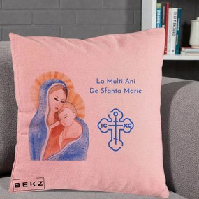 Cadou de Onomastica - Perna Personalizata Sfanta Marie Icoana Acuarela, 40x40 cm, Roz, Husa Detasabila, Perna Inclusa, BEKZ®