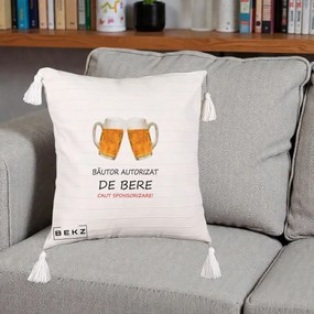 Perna Decorativa Bautor Autorizat de Bere, 40x40 cm, Bej cu Franjuri, Husa Detasabila, Perna Inclusa, BEKZ®