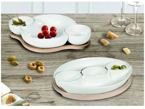 Set 5 boluri din porțelan pentru servire și platou din bambus Brandani Plait, alb