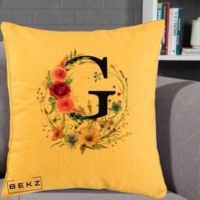 Cadou Personalizat - Perna Personalizata Monogram Litera G cu Flori Acuarela, 40x40 cm, Galben, Husa Detasabila, Perna Inclusa, BEKZ®