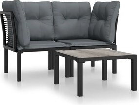 vidaXL Set mobilier de grădină cu perne, 3 piese, negru/gri, poliratan